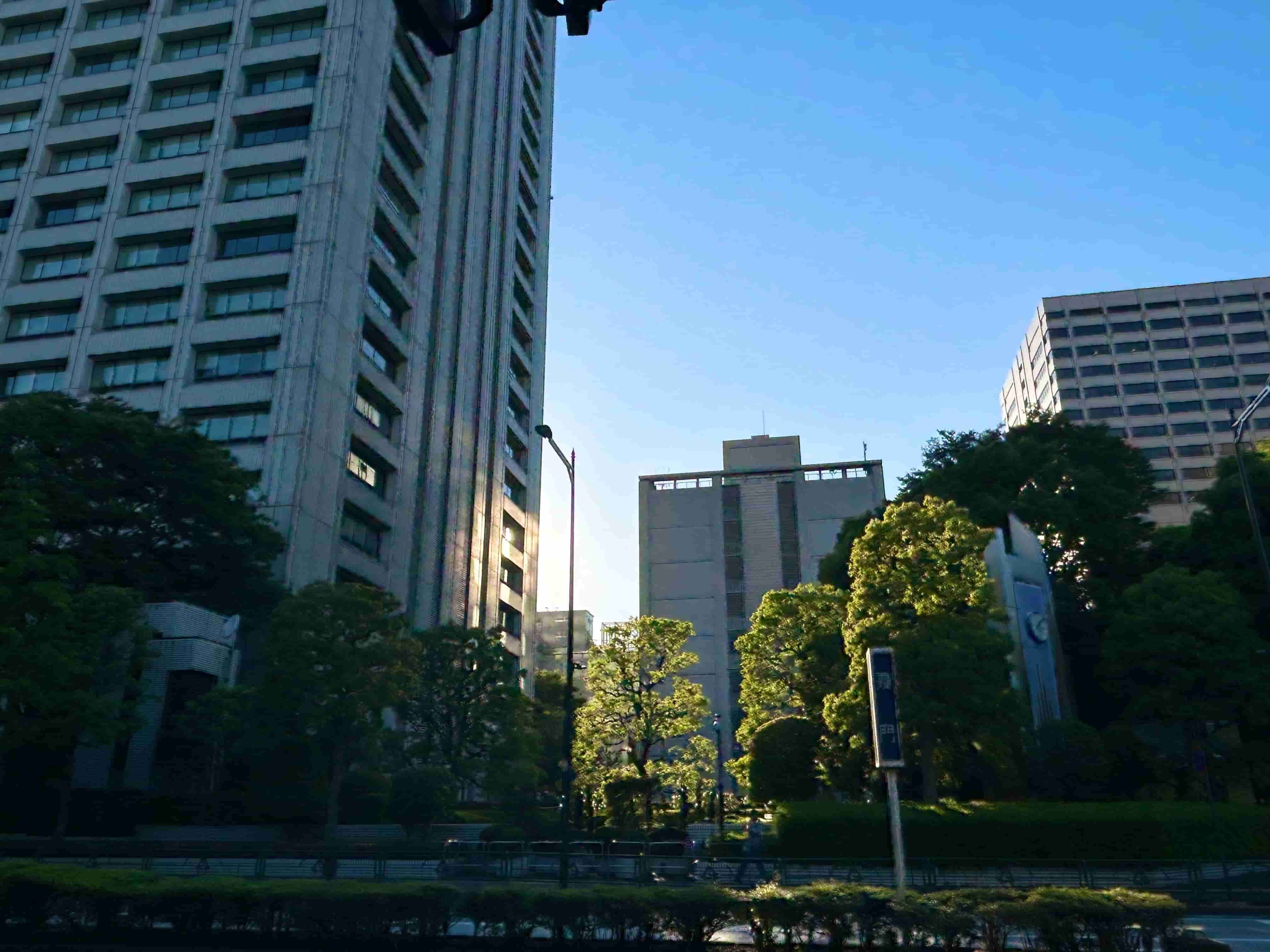青空と新緑の木々に囲まれた日比谷のオフィスビル街