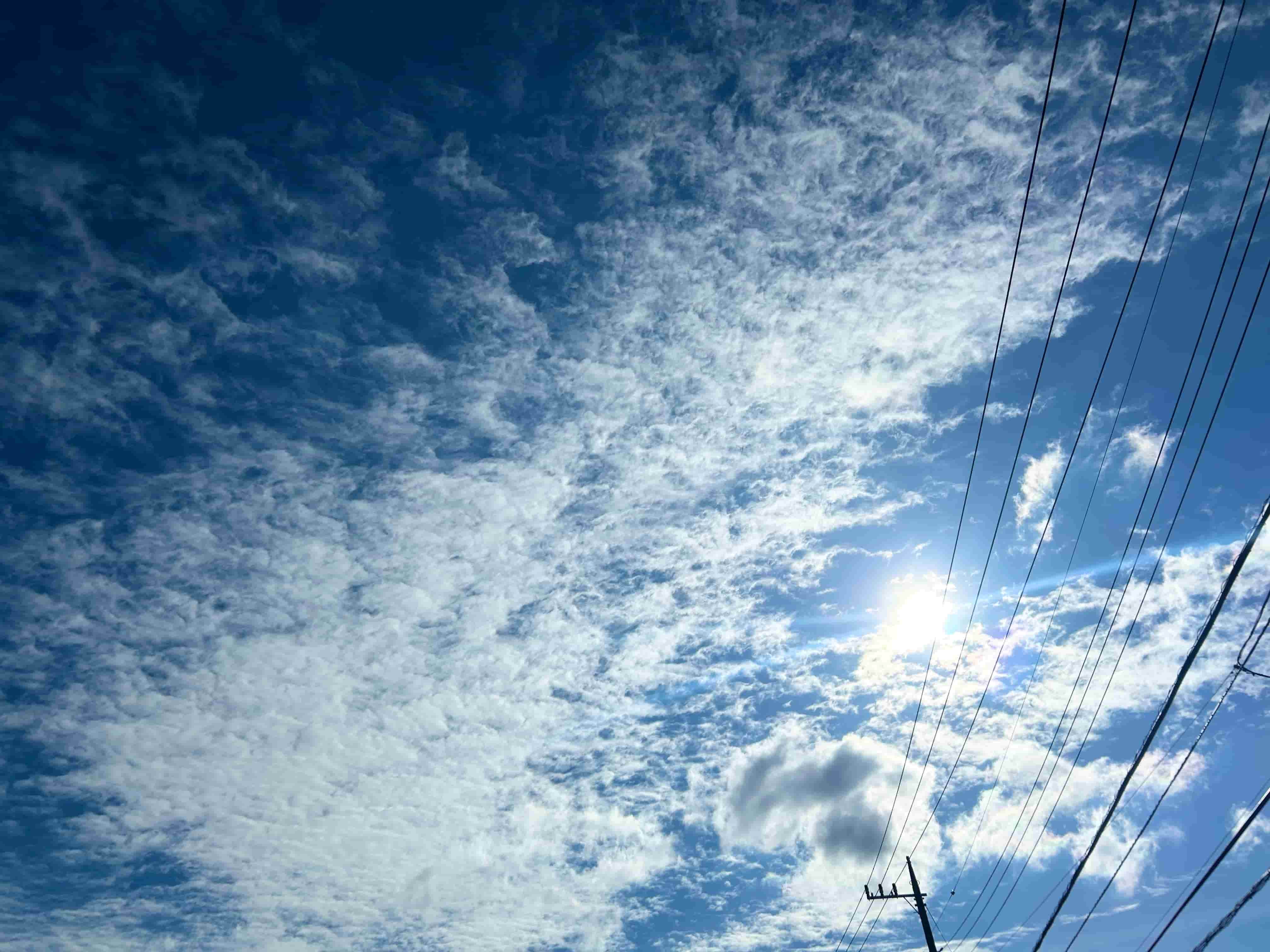 青空に広がる薄雲と電線、太陽の光
